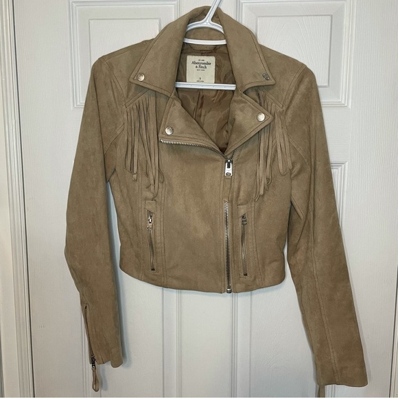 ABERCROMBIE Faux Suede Moto Tassel Tan Jacket small - Picture 3 of 8